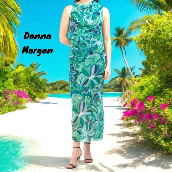 DONNA MORGAN NWT MESH MOCK NECK MAXI DRESS WHITE/GREEN SLEEVELESS SIZE 12 - Picture 1 of 10
